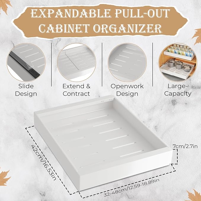 Pull Out Cabinet Organizer -Expandable – 12.56 x 18.89 Inch Pots And Pans Organizer Under Cabinet – Heavy Duty Carbon Steel Pull Out Drawers – Easy Installation No Screw Adjustable Cabinet Drawers