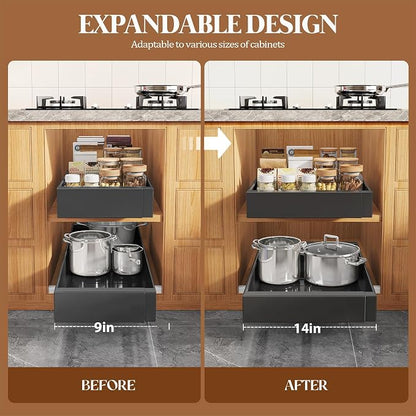 Seinloes 4 Pack Expandable Pull Out Cabinet Organizer 21" Deep With Raising Pad for Framed Cabinets,Upgrade 3 Slide Rails Slide Out Drawers,No Drill Roll Out Shelves,Adjustable Width 9"-14" Black