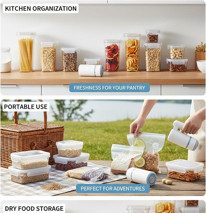 Vacuum Container,Vacuum Seal Containers,4pcs Airtight Food Storage Containers with Lids,4pcs Food Vacuum Bags/ 1pc Automatic Pump,for Kitchen and Pantry Organization (Rectangula)