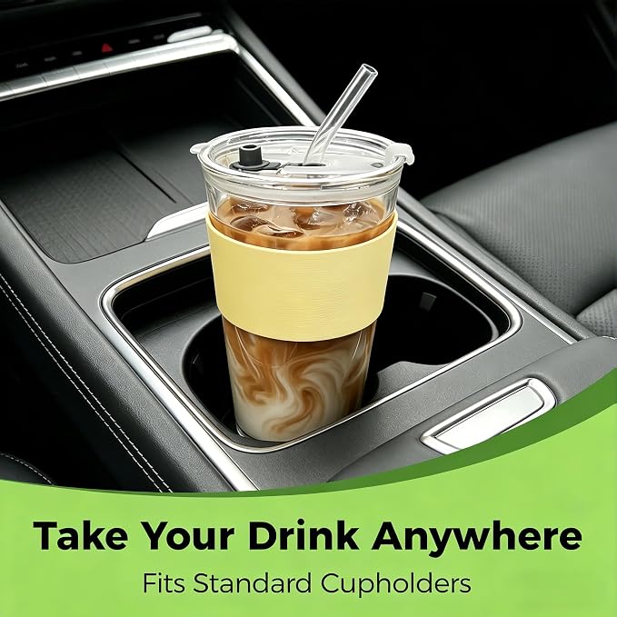 Birity 16oz Glass Cup with Lid and Glass Straw,Set of 2 Thickened Glass Coffee Tumblers with Silicone Sleeve,Reusable Iced Coffee Cups for Smoothie、Soda Water、Juice、MilkSshake、Travel Cup