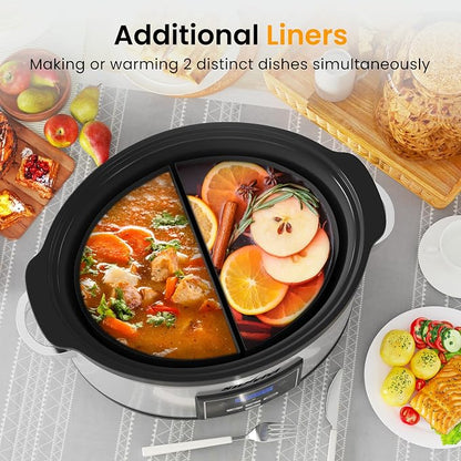 Programmable Slow Cooker, Multi-Cooker with 2 in 1 Silicone Slow Cooker Liners, 6 QT Food Warmer with Digital Timer, 3 Adjustable Temp & Dishwasher Safe Parts, Stainless Steel, Silver