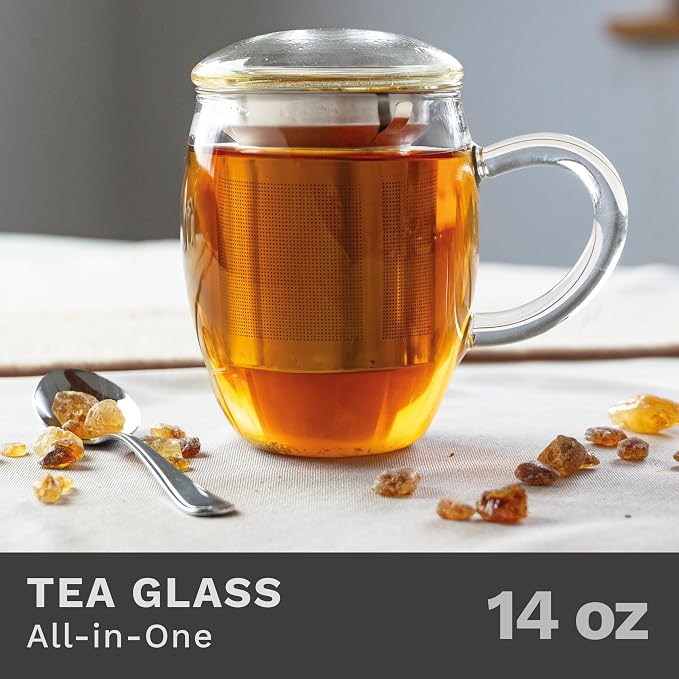 Creano Tea Glass with Stainless Steel Infuser and Glass Lid - 14oz (400ml)