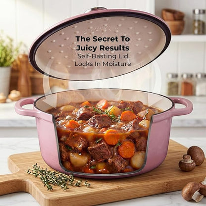 Zulay Kitchen 6.4QT Enameled Cast Iron Dutch Oven Pot with Lid, Heavy-Duty Soup Pot for Stews, Braising, Roasting & Sourdough Bread Baking, Oven Safe up to 500°F - Pink