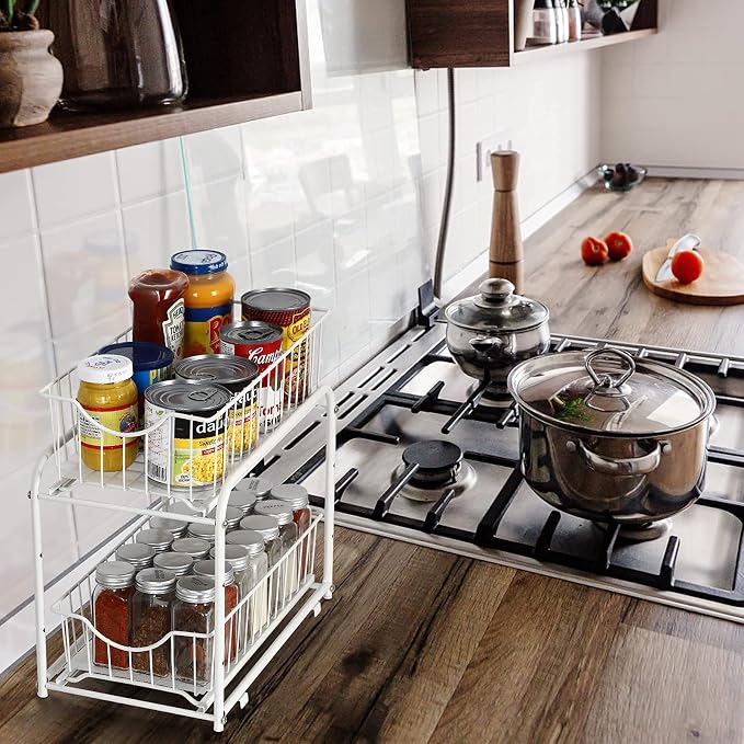 MOOACE 2-Tier Stackable Under Sink Storage Sliding Basket Organizer Drawer for Kitchen, Bathroom, Pantry, Cabinet, White