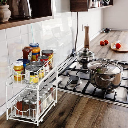 MOOACE 2-Tier Stackable Under Sink Storage Sliding Basket Organizer Drawer for Kitchen, Bathroom, Pantry, Cabinet, White
