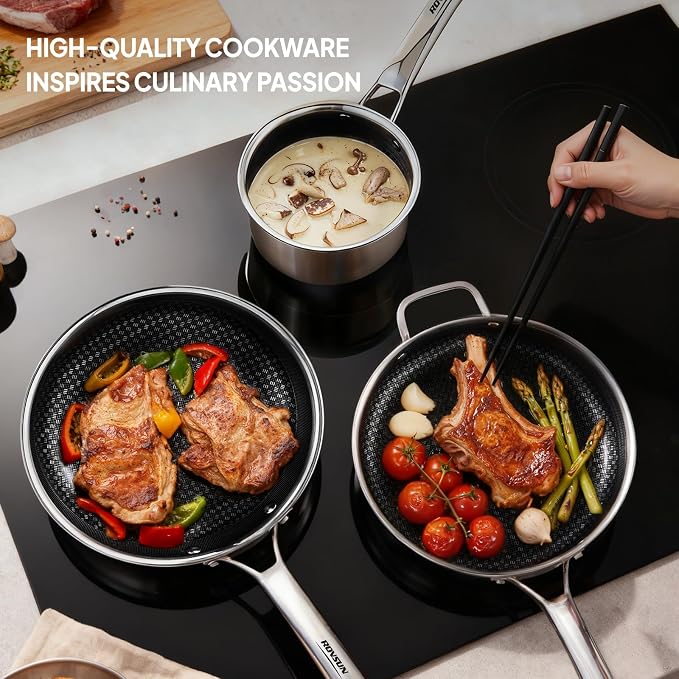 ROVSUN 10 Pcs Non-Stick Cookware Set, Stainless Steel Pots and Pans Set with Lids, Non-Toxic Kitchen Set Chef's Pan, PFOA & PTFE Free, Compatible for All Cooktops