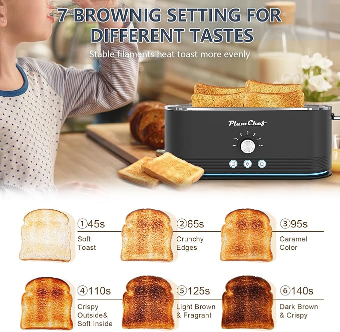 Plum chef 4-Slice Toaster, Extra Wide Long SIot Toaster, 7 Browning Settings,Defrost/Reheat Functions, Removable CrumbTray, Stainless Steel Housing,Anti-Fingerprint & Anti-Jam (Black)