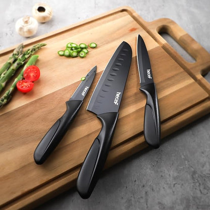 hecef Black Kitchen Knife Set of 3, Sharp Knives with Stainless Steel Blade, Lightweight Handle, Non-stick Coating Set Includes 7", 5", 3.5" Knives