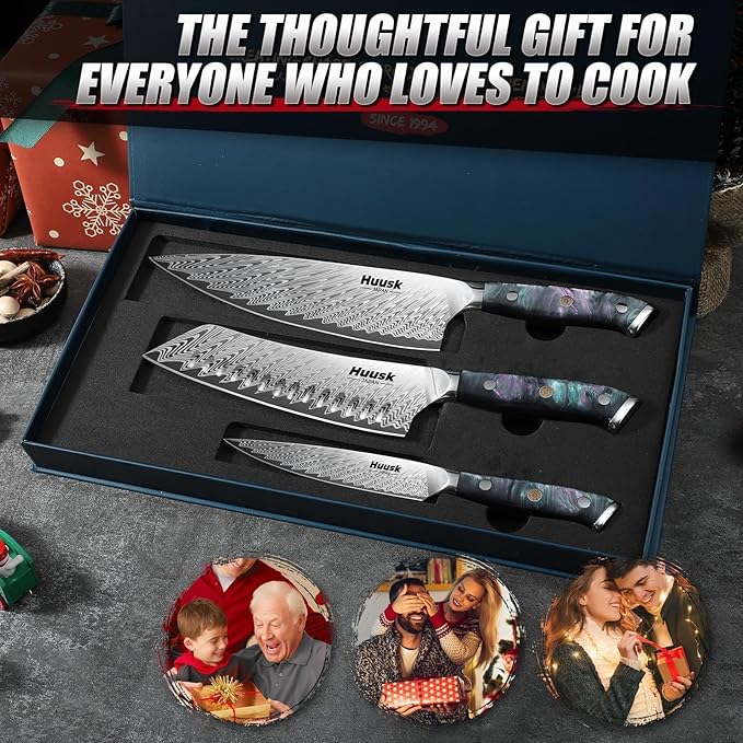 Huusk Japanese Knife Set 3 PCS - Stainless Chef Knife Set with Sheath & Ergonomic Resin Handle, Hand Sharpened Full Tang Professional Kitchen Knives for All Purpose, Fathers Day Gift Idea for Men Dad