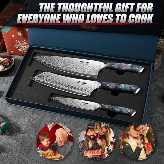 Huusk Japanese Knife Set 3 PCS - Stainless Chef Knife Set with Sheath & Ergonomic Resin Handle, Hand Sharpened Full Tang Professional Kitchen Knives for All Purpose, Fathers Day Gift Idea for Men Dad