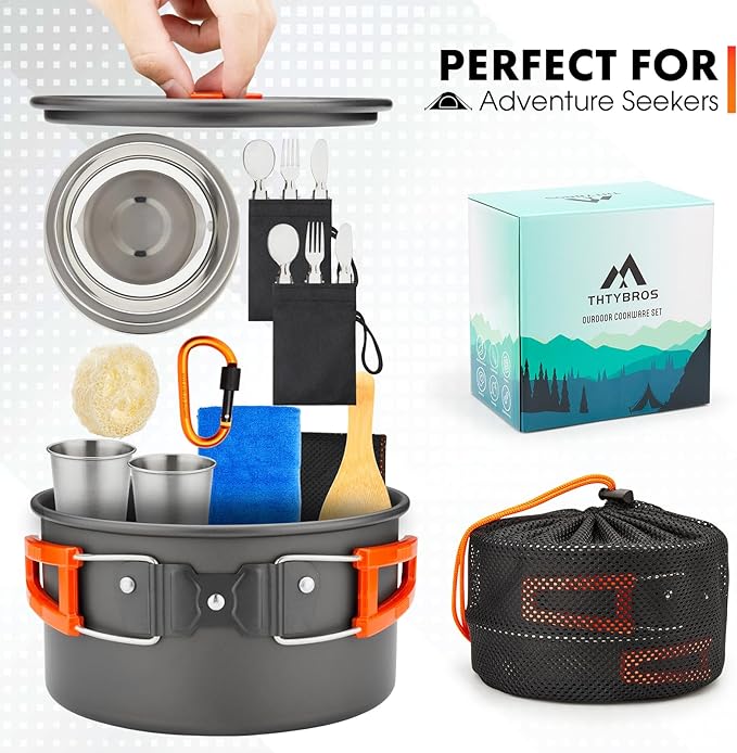 THTYBROS 17pcs Camping Cookware Kit, 0.45Gal Pot, 7inches Pan,0.30Gal Kettle Set with 2 Set Stainless Steel Cups Plates Forks Knives Spoons for Hiking