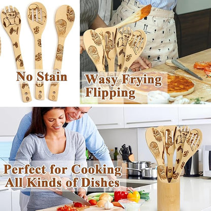 5 PCS Star Cooking Spoons - Burned Wooden Spoon Carved, Organic Bamboo Utensils, Star Gifts for Women Premium Quality Cooking Gifts for Housewarming and Wedding