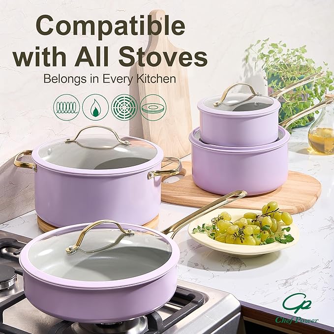 Chef Power Ceramic Cookware Sets, Pots and Pans Set Non Stick, Cookware Set with Stainless Steel Handle, Dishwasher & Oven Safe Purple 15Pcs Set