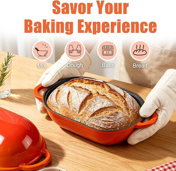Enameled Cast Iron Sourdough Bread Oven, 5 QT Loaf Cast Iron Bread Pan with Lid, Oval Dutch Oven for Homemade Bread Baking, Meatloaf Pan with Lid (Orange)