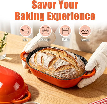 Enameled Cast Iron Sourdough Bread Oven, 5 QT Loaf Cast Iron Bread Pan with Lid, Oval Dutch Oven for Homemade Bread Baking, Meatloaf Pan with Lid (Orange)