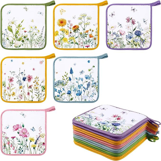 Bencailor 12 Pcs Pot Holders with Pocket Kitchen Hot Potholders Hot Pad Oven Mitts Cookie Bag Oven Gloves for Kitchen Gift Baking Cooking(Watercolor,Floral)