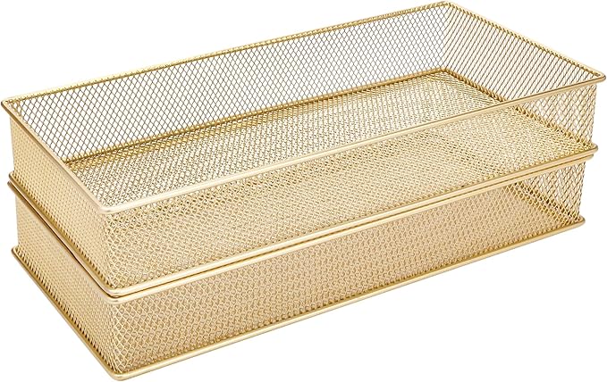 Annova Mesh Stackable Drawer Cabinet and Shelf Organizer Bins Storage Basket School Office Supply Holder Tray- Set of 2 (Gold, 6x12x2 Inch)