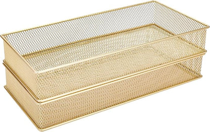 Annova Mesh Stackable Drawer Cabinet and Shelf Organizer Bins Storage Basket School Office Supply Holder Tray- Set of 2 (Gold, 6x12x2 Inch)
