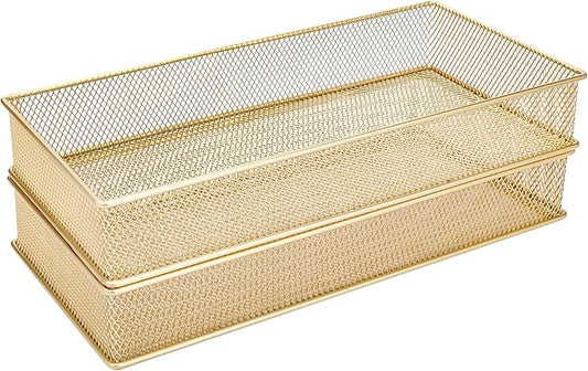 Annova Mesh Stackable Drawer Cabinet and Shelf Organizer Bins Storage Basket School Office Supply Holder Tray- Set of 2 (Gold, 6x12x2 Inch)