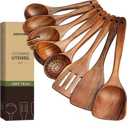 Wooden Utensil Set - 8 Pcs Teak Wooden Spoons for Cooking, Non Toxic, Heat Resistant, Durable & Safe for Kitchen Nonstick Cookware
