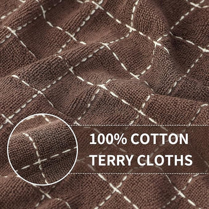 Homaxy 100% Cotton Terry Kitchen Towels(Brown, 13 x 28 inches), Checkered Designed, Soft and Super Absorbent Dish Towels, 4 Pack
