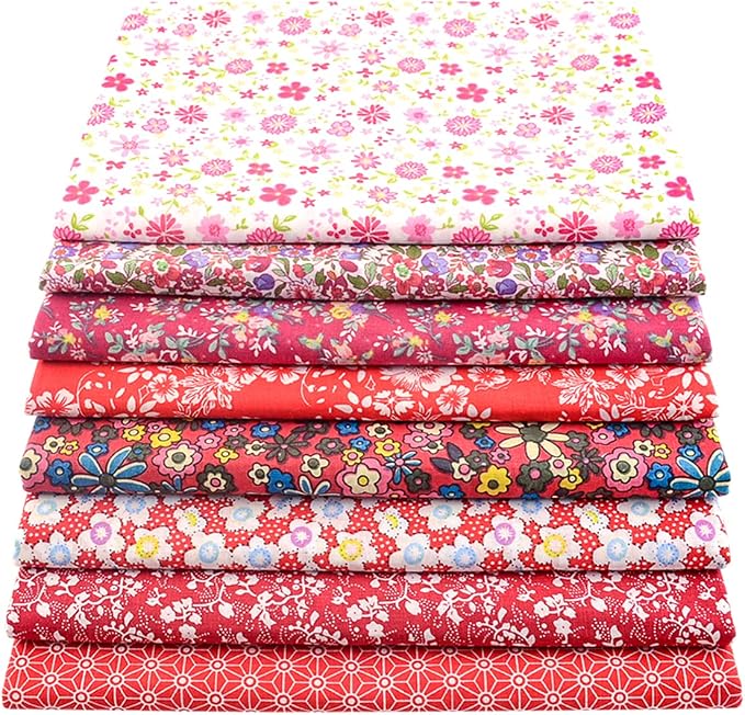 100% Cotton Fabric Squares for Sewing & Quilting - Floral DIY Patchwork Fabric Bundle (20"x20"), Pre-Cut, Red