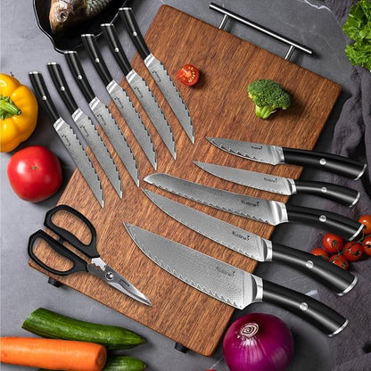 Damascus Knife Block Set,Sharp Knife Set,Ergonomic Non-slip Handle,Chef Knife Set with Built-in Sharpener,Luxury Gift for Holiday(Silver,14PCS)