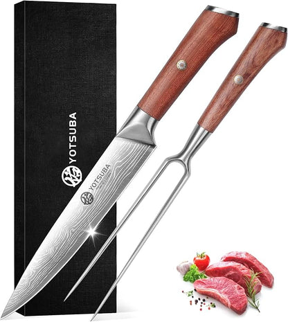 YOTSUBA Japanese Carving Knife and Fork Set, Razor-Sharp German Stainless Steel, Full Tang Ergonomic Rosewood Handle, Slicing Knife for Meats, BBQ & Brisket, Premium Gift