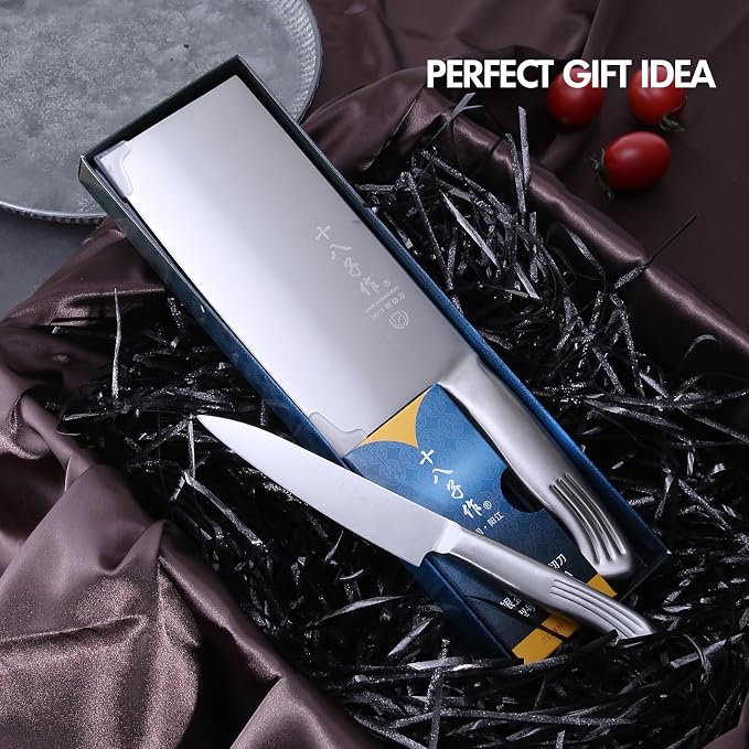 SHI BA ZI ZUO Meat Cleaver Set, 2PCS Professional Butcher Knife Fruit Knife with Stainless Steel Handle