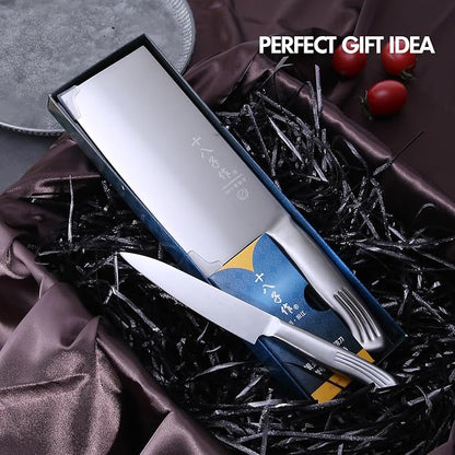 SHI BA ZI ZUO Meat Cleaver Set, 2PCS Professional Butcher Knife Fruit Knife with Stainless Steel Handle