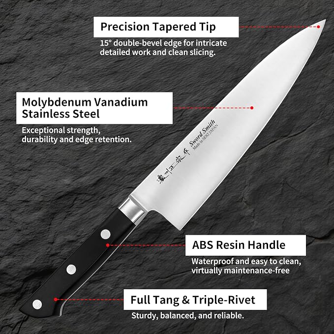 8.3 Inch Japanese Chef Knife, Made in Japan, Full Tang High Carbon Molybdenum Stainless Steel Gyuto Knife for Rock Chopping Meat, Fish and Vegetables