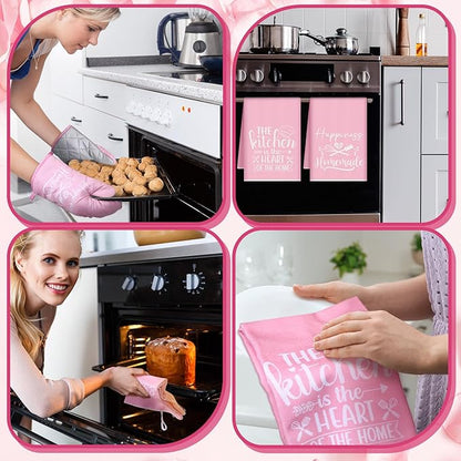 Sratte 6 Pcs Pink Kitchen Decor Accessories Set Cute Farmhouse Towels Pot Holders Oven Mitts Set 2 Dish Towels 2 Potholders 2 Cooking Mittens for Baking Cooking House Supply(Pink, Kitchen)