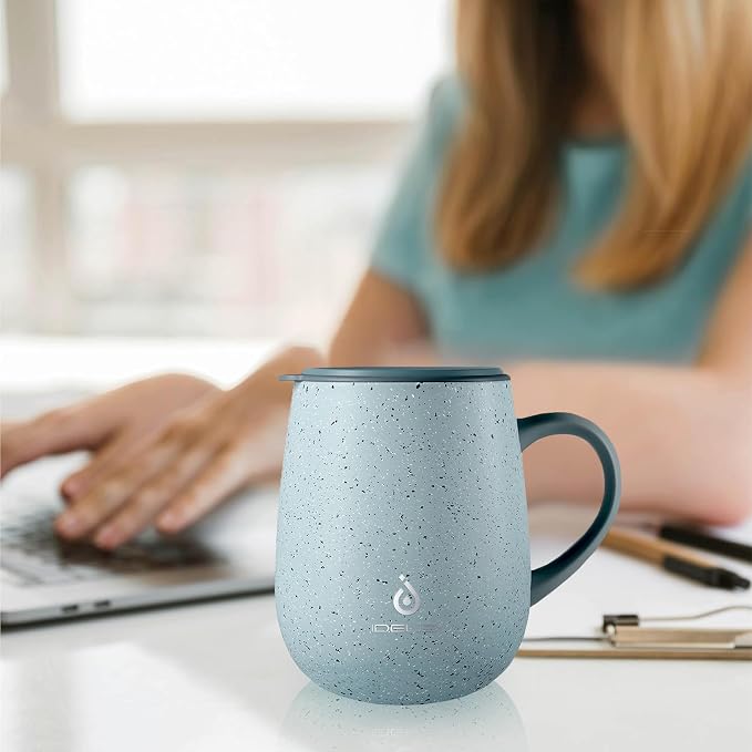 Ideus 16 oz Insulated Coffee Mug with Handle and Lid, Double Wall Stainless Steel Vacuum Thermal Coffee Mug, Travel Coffee Cup Thermal Cup for Home and Office, Eggshell Blue
