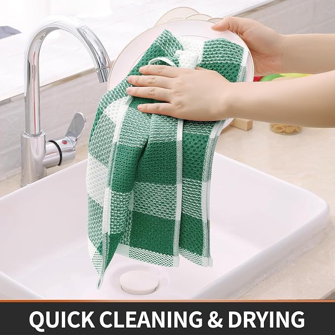 Homaxy Kitchen Towels and Dishcloths Set, 12 x 12 and 13 x 28 Inches, Set of 8 Bulk Cotton Waffle Weave Check Plaid Kitchen Towels, Super Soft and Absorbent Dish Towel, White & Dark Green