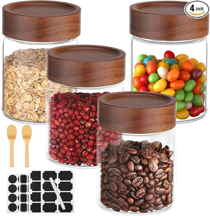 11oz Glass Jar with Airtight Lid, 4 Pack 320ml Glass Storage Jars with Wooden Lids, Wood Screw Top Kitchen Canister Clear Food Containers for Sugar, Coffee, Tea, Bean, Overnight Oats, Cookie
