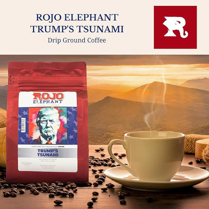 Rojo Elephant Caffeinated Ground Coffee, Single Origin Arabica Beans, Naturally Low Acid, Premium Ground Coffee (11 oz Bag) (Italian Roast -Trump's Tsunami)