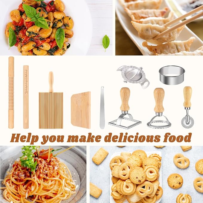 10 Pcs Pasta Making Tools Kit, Wooden Threaded Rolling Pin, Rolling Pin With Scales, Gnocchi Board, Dough Scraper, Dumpling Maker, 5 Ravioli Stamp Maker Cutter For Pasta Maker And Kitchen DIY Gift