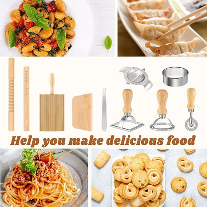 10 Pcs Pasta Making Tools Kit, Wooden Threaded Rolling Pin, Rolling Pin With Scales, Gnocchi Board, Dough Scraper, Dumpling Maker, 5 Ravioli Stamp Maker Cutter For Pasta Maker And Kitchen DIY Gift