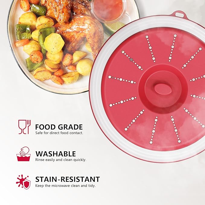 WVM Microwave Splatter Cover Vented for Food with Hook Hole, Splatter Guard & Colander Kitchen Gadget for Food, Meal Prep, Red, M(11"x3.26")-Pack of 1