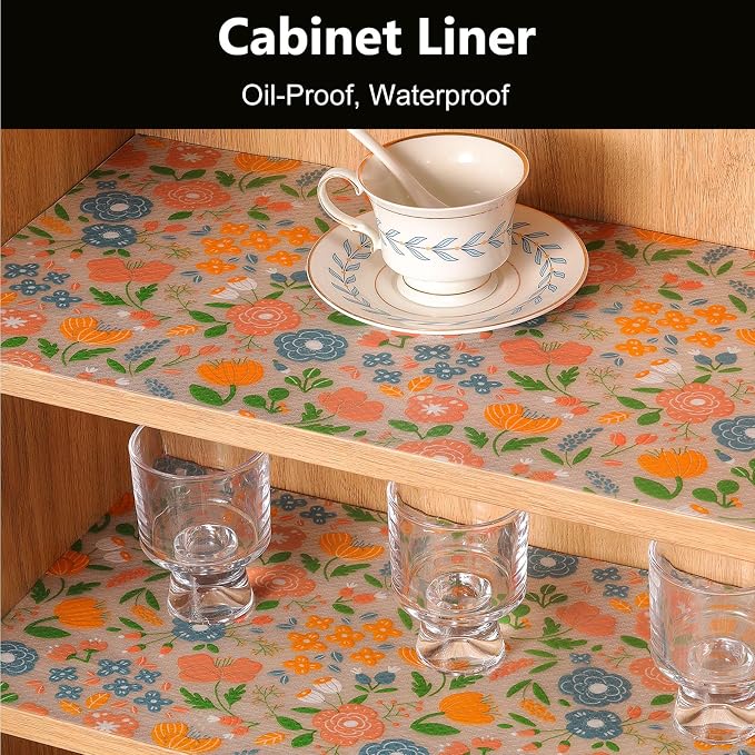 INNOLITES Shelf Liner for Kitchen Cabinets, Non-Adhesive Drawer Liner, Waterproof Washable EVA Floral Pattern, Protect Dresser Cupboard Refrigerator Shelves (Honey Coral Blue, 11.8" x 240")