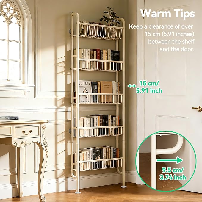 Behind The Door Narrow Bookshelves Pantry Spice Rack 5-Tier Slim Metal Space-Saving Organizer for Bathroom Closet Kitchen Living Room Sturdy Room Laundry Room, White