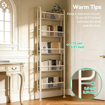 Behind The Door Narrow Bookshelves Pantry Spice Rack 5-Tier Slim Metal Space-Saving Organizer for Bathroom Closet Kitchen Living Room Sturdy Room Laundry Room, White