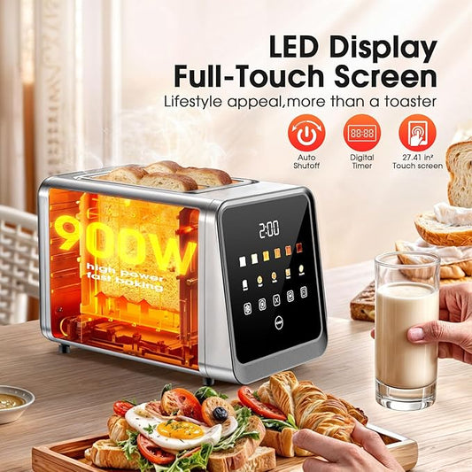 Smart Toaster 2 Slice with Touchscreen, 900W Stainless Steel Wide Slot 1.5 Inch, BreadID Tech Live Countdown Timer, Memory Function, Defrost Reheat for Bagel Waffle Bread, Kitchen Essentials
