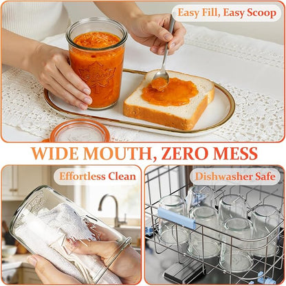 Wide Mouth Canning Jars 27 oz - 2 Pack Sourdough Starter Jars with Glass Airtight Lids & Plastic Lids, Large Glass Canisters with 2 Measurement Marks for Food Storage, Fermenting, Pickling, Meal Prep