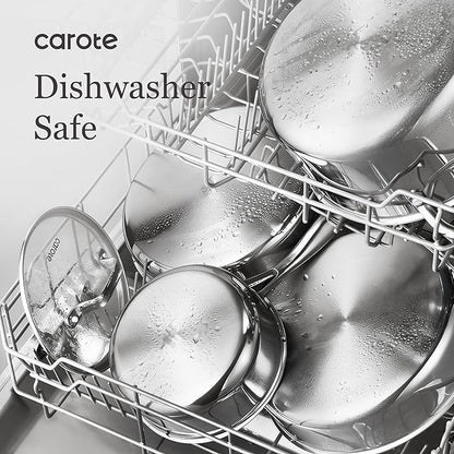 CAROTE 21pcs Tri-Ply Stainless Steel Cookware Set, Pots and Pans Set, Non Toxic Induction Kitchen Cooking Sets, Cookware Collection, Mirror Polish, Silver