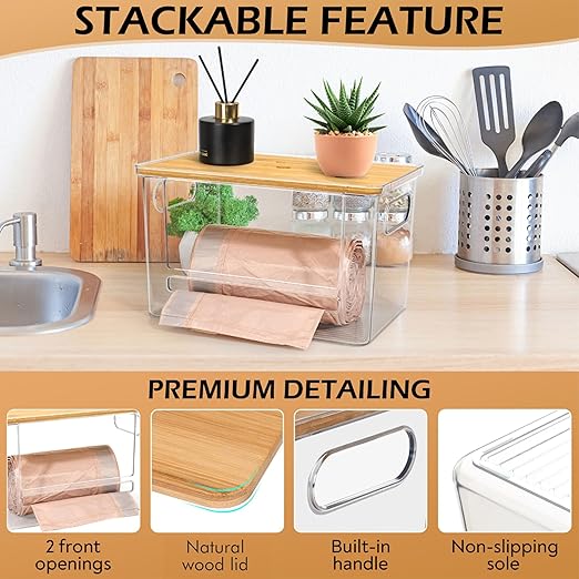 2 Pack Stackable Trash Bag Dispenser with Wooden Top for Extra Large & Medium Size Rolls, Garbage Bag Holder for 13-33 Gallon Bags, Trash Bag Dispenser Under Sink with Anti-Slip Base for Rolls Storage