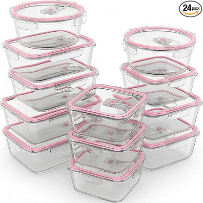 Razab 24 Pc Airtight Glass Food Storage Containers - Glass Meal Prep Containers - Freezer to Oven Safe - Steam Release Valve BPA Free - Airtight Bento Boxes - Leak Proof (12 lids & 12 Containers)