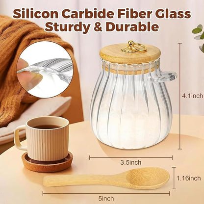 holoith Sugar Container with Bamboo Lid and Spoon,15 oz Sugar Bowl Glass Jar for Coffee Bar Accessories Coffee Canister Kitchen Decor Housewarming Gift Christmas Refillable Design