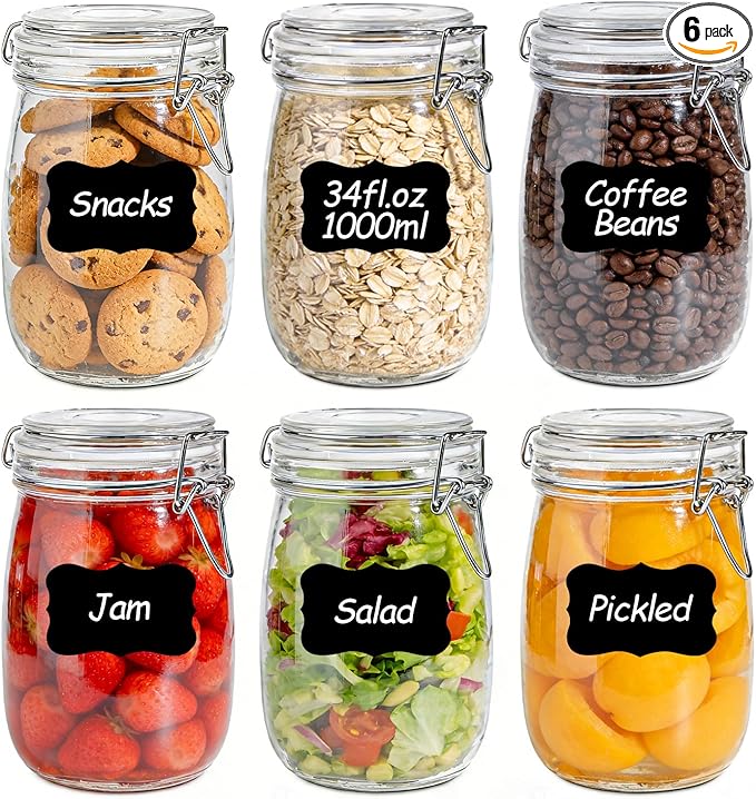 34oz 6 Pack Glass Jars with Airtight Lids - Round Food Storage Canisters for Pantry Organization, Ideal for Sugar, Cookies, Candy, Coffee, Nuts & Dry Goods | Thick Glass,BPA-Free