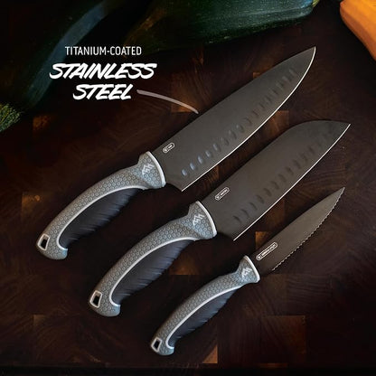 OUTDOOR EDGE ErgoMax Chef Selection Knife Set - Includes Chef, Santoku & Kitchen Serrated Utility Knife, Great for Cooking, Meal Prep & Home Kitchens